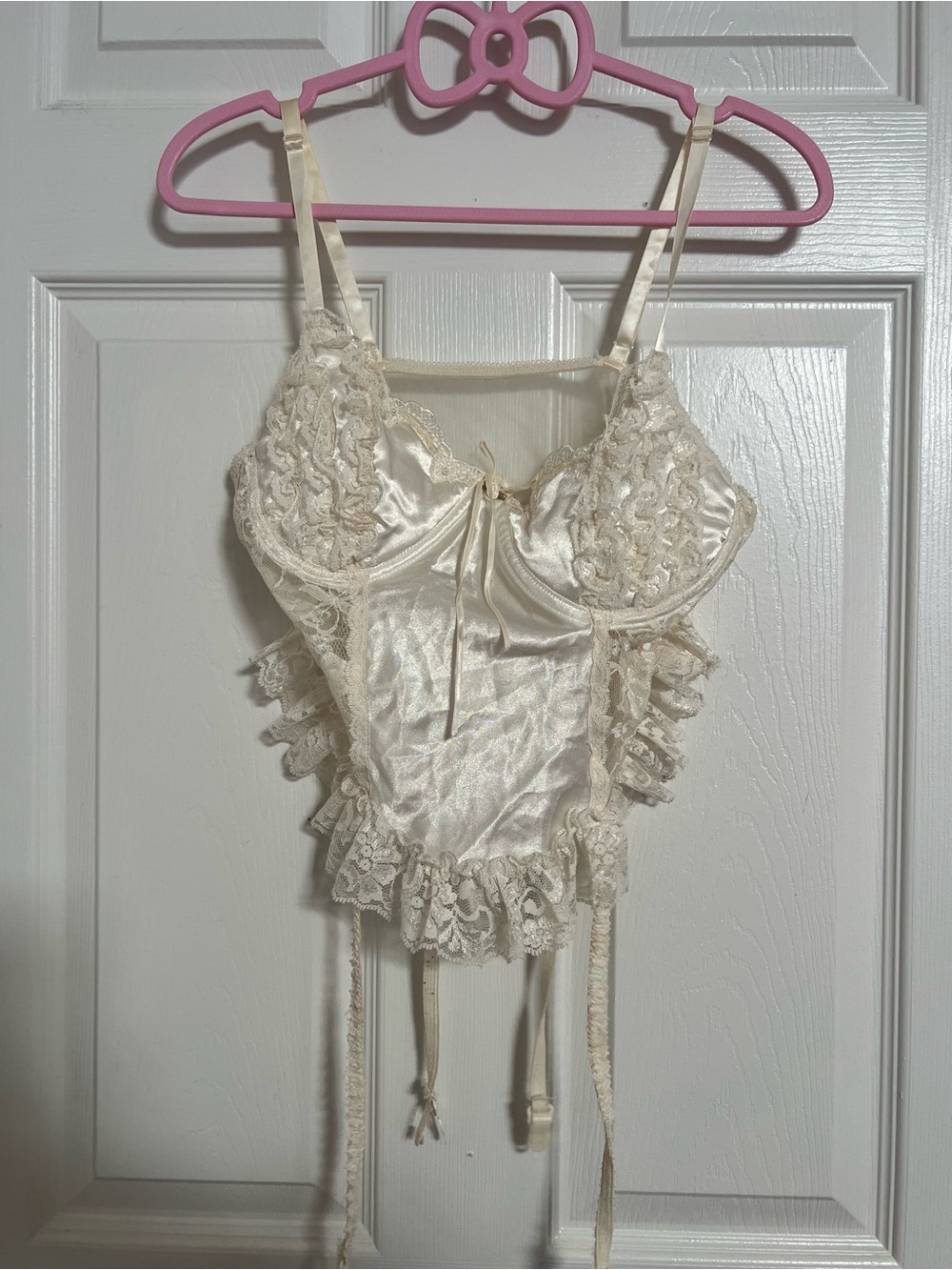 Vintage Cream Lace Satin Bustier Corset Top with Garters